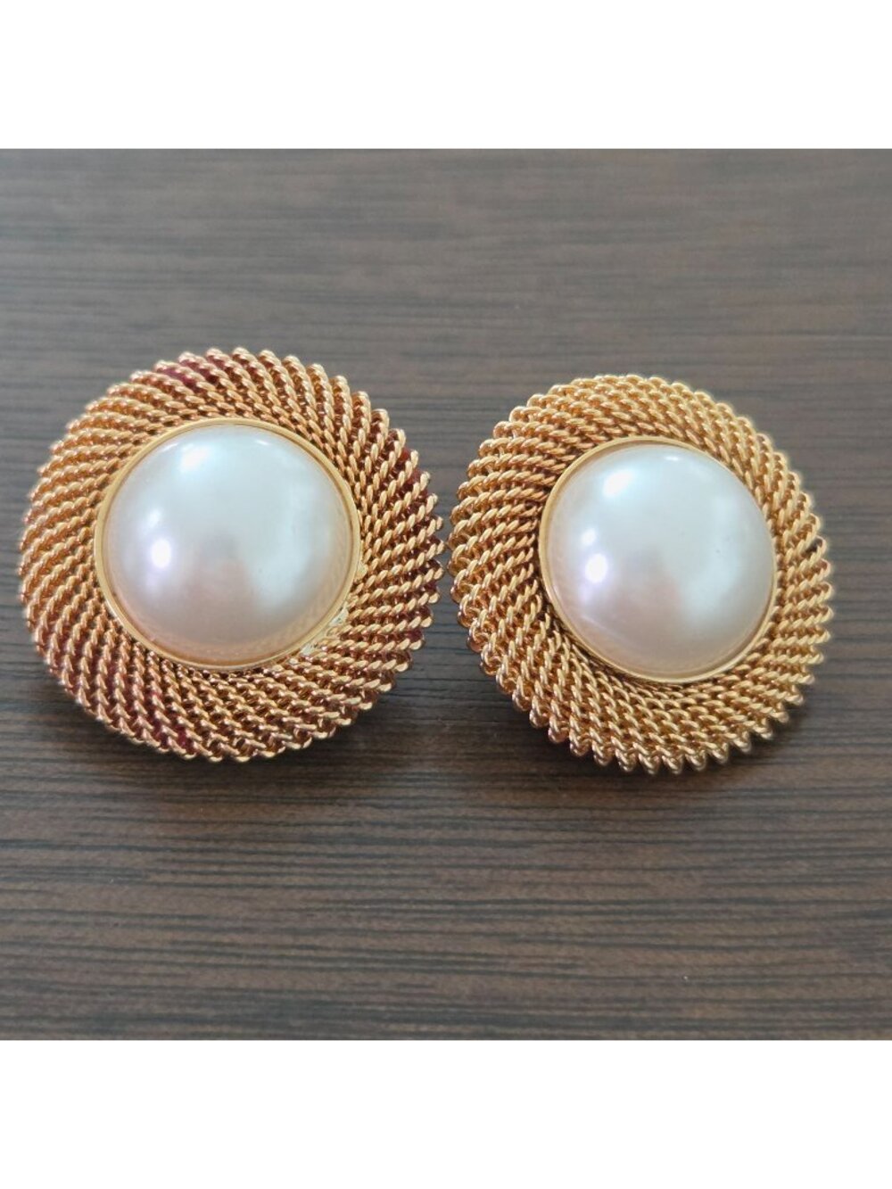Vintage Gold Tone Mesh Dome Faux Pearl Statement Clip-On Earrings